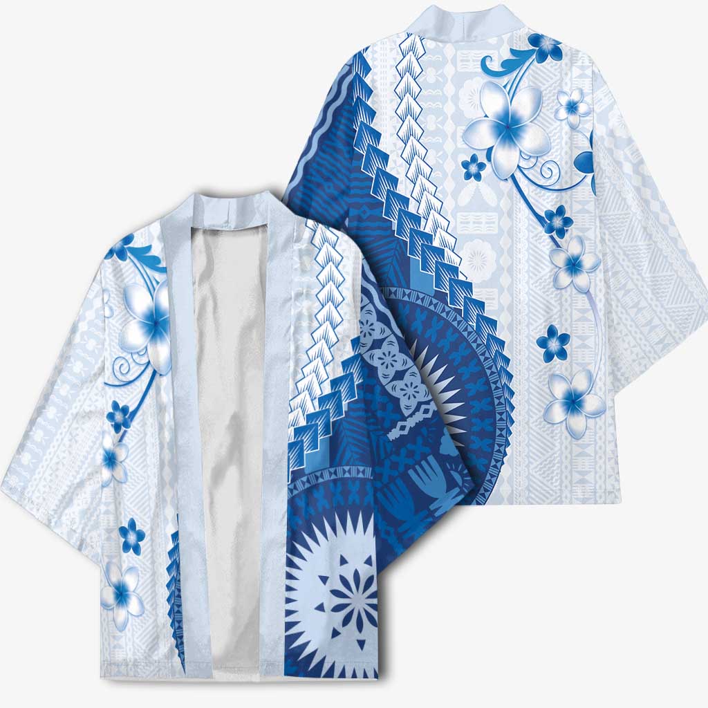 Bula Fiji Kimono Blue Plumeria Masi Tapa Pattern - Polynesian Pride