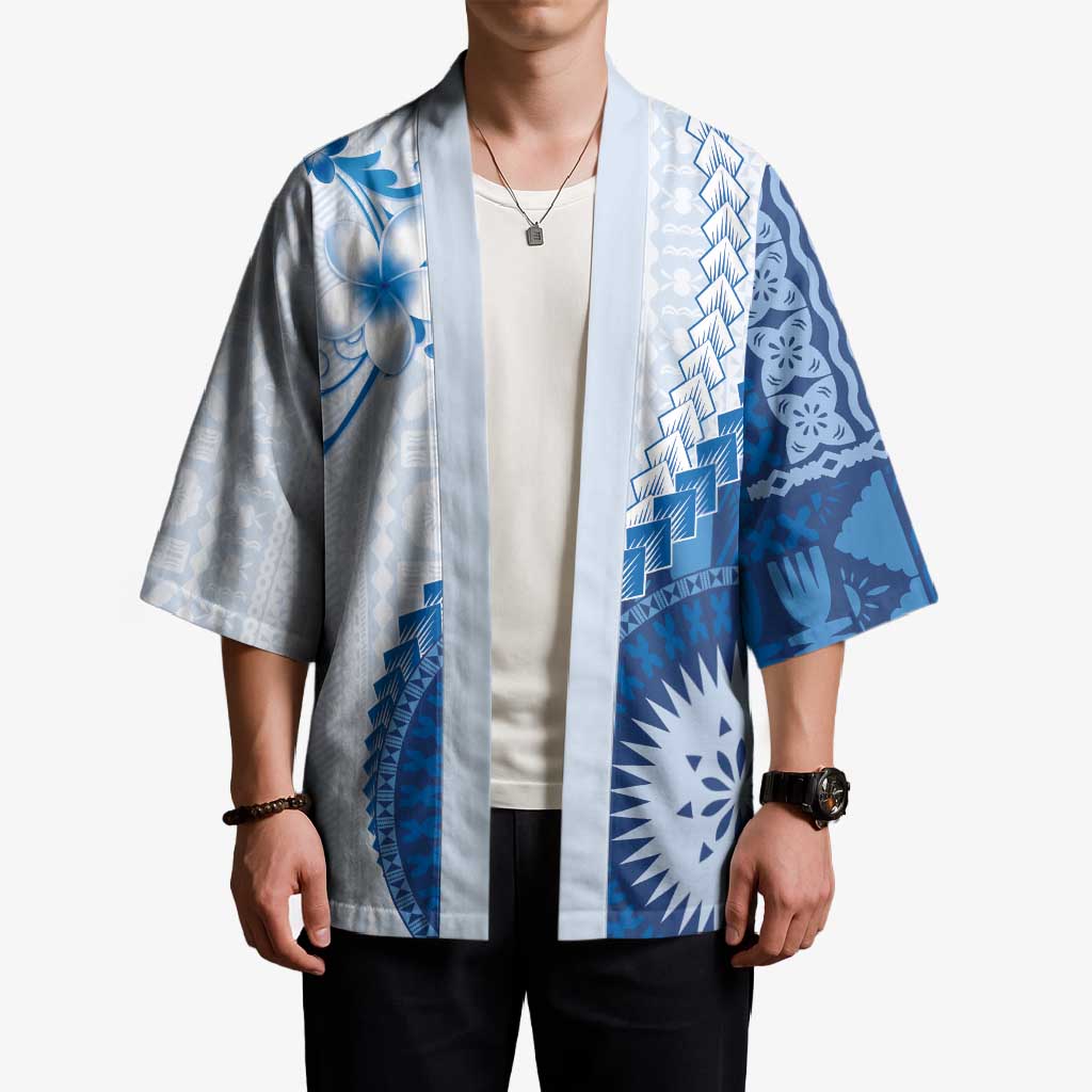 Bula Fiji Kimono Blue Plumeria Masi Tapa Pattern - Polynesian Pride
