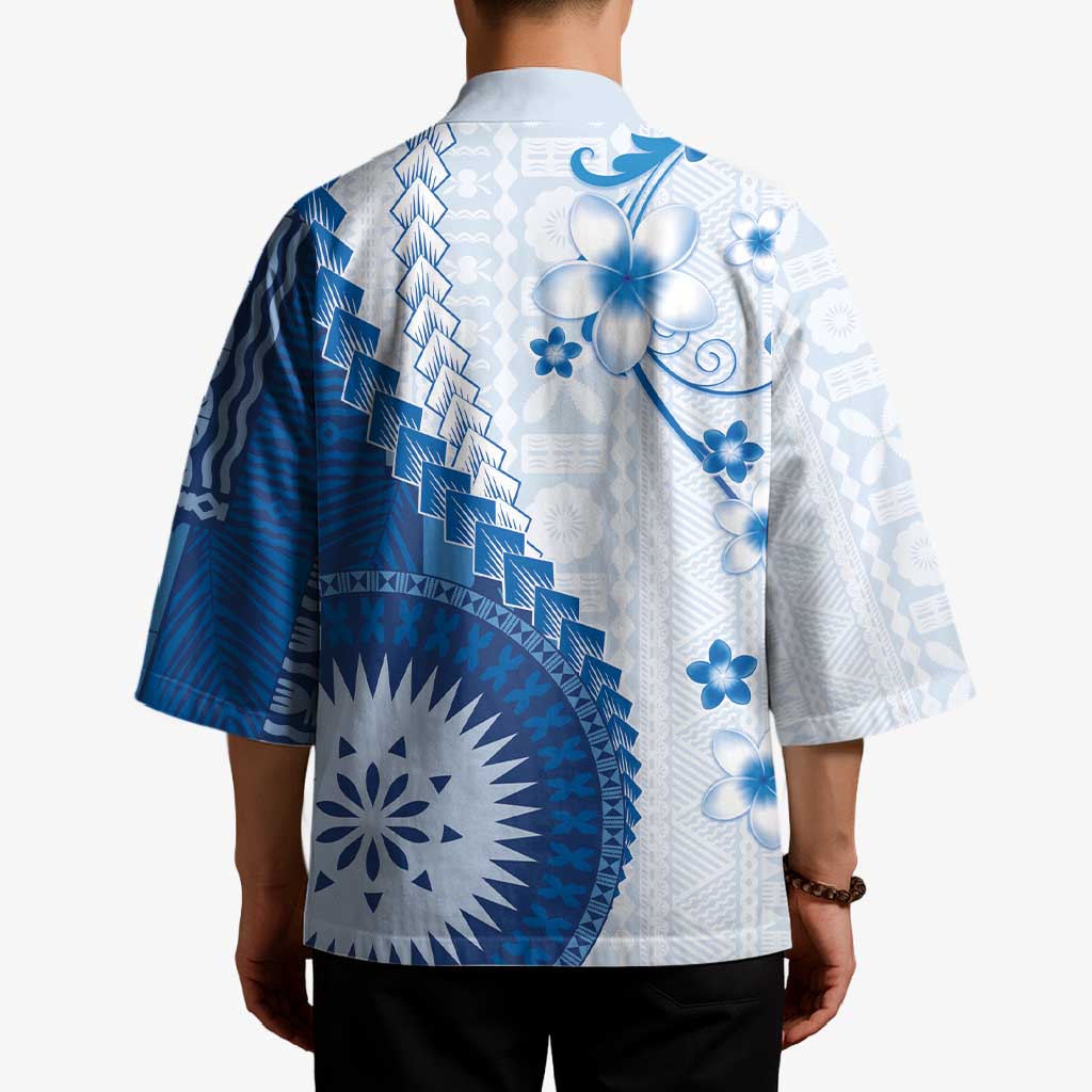 Bula Fiji Kimono Blue Plumeria Masi Tapa Pattern - Polynesian Pride