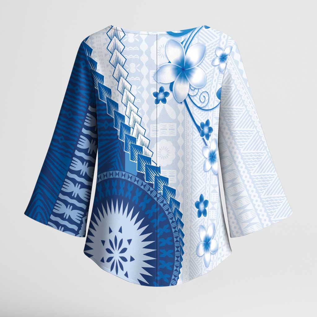 Bula Fiji Kimono Sleeve Blouse Blue Plumeria Masi Tapa Pattern - Polynesian Pride