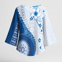Bula Fiji Kimono Sleeve Blouse Blue Plumeria Masi Tapa Pattern - Polynesian Pride