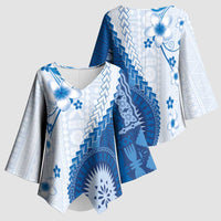 Bula Fiji Kimono Sleeve Blouse Blue Plumeria Masi Tapa Pattern - Polynesian Pride