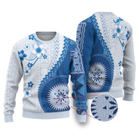 Bula Fiji Ugly Christmas Sweater Blue Plumeria Masi Tapa Pattern - Polynesian Pride