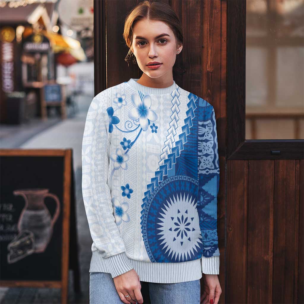 Bula Fiji Ugly Christmas Sweater Blue Plumeria Masi Tapa Pattern - Polynesian Pride