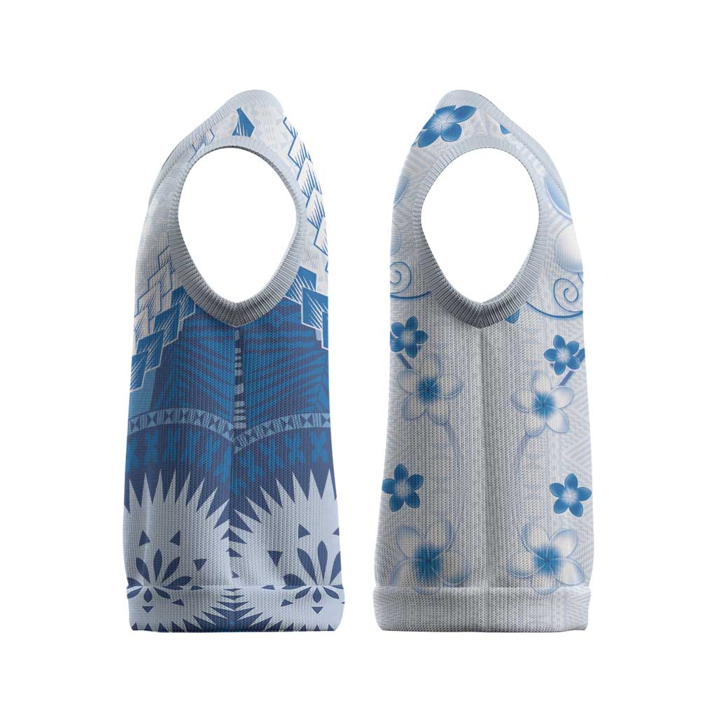 Bula Fiji Christmas Knitted V-Neck Vest Blue Plumeria Masi Tapa Pattern - Polynesian Pride