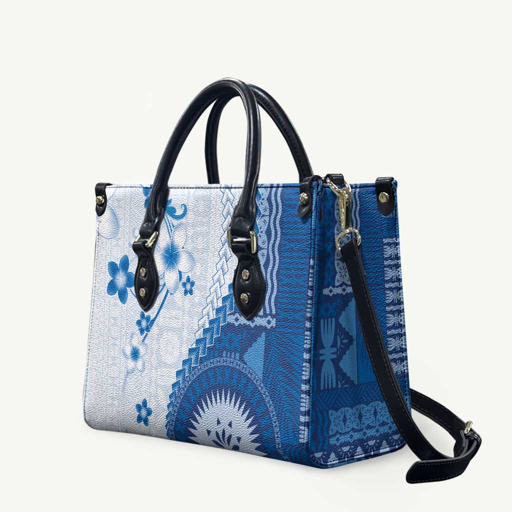 Bula Fiji Leather Bag Blue Plumeria Masi Tapa Pattern - Polynesian Pride