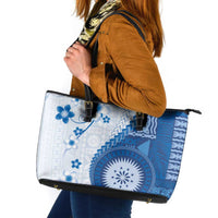 Bula Fiji Leather Tote Bag Blue Plumeria Masi Tapa Pattern - Polynesian Pride