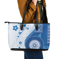 Bula Fiji Leather Tote Bag Blue Plumeria Masi Tapa Pattern - Polynesian Pride