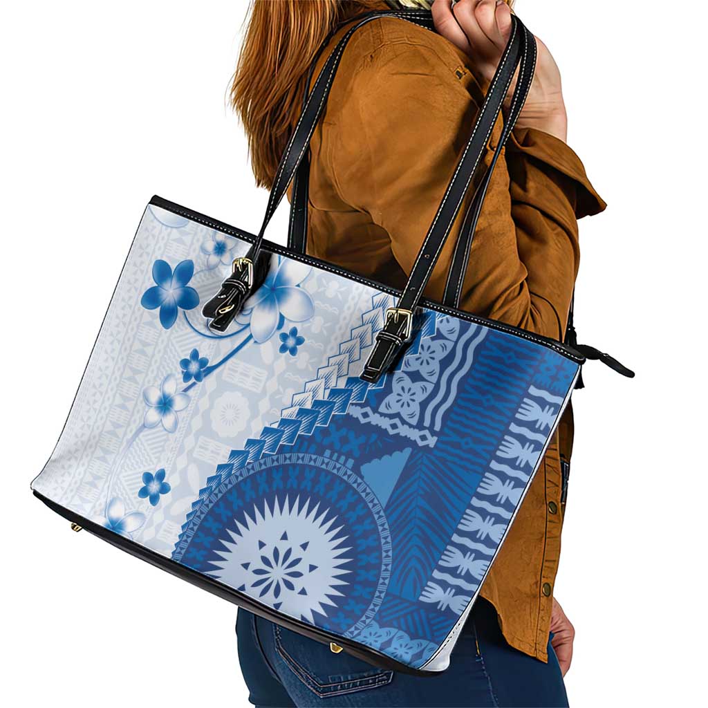 Bula Fiji Leather Tote Bag Blue Plumeria Masi Tapa Pattern - Polynesian Pride