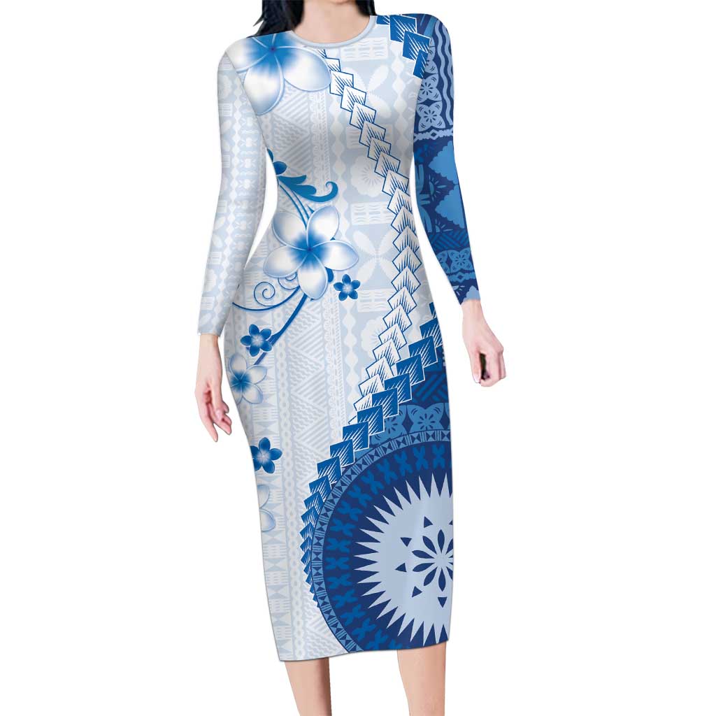 Bula Fiji Long Sleeve Bodycon Dress Blue Plumeria Masi Tapa Pattern - Polynesian Pride