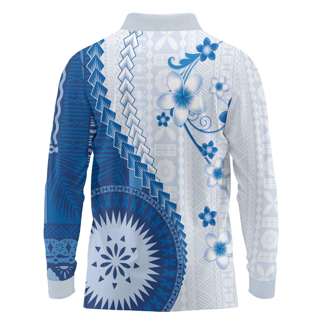 Bula Fiji Long Sleeve Polo Shirt Blue Plumeria Masi Tapa Pattern - Polynesian Pride