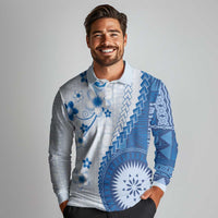 Bula Fiji Long Sleeve Polo Shirt Blue Plumeria Masi Tapa Pattern - Polynesian Pride