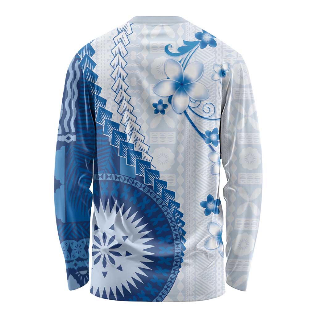 Bula Fiji Long Sleeve Shirt Blue Plumeria Masi Tapa Pattern LT05 - Polynesian Pride