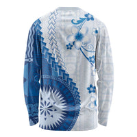 Bula Fiji Long Sleeve Shirt Blue Plumeria Masi Tapa Pattern LT05 - Polynesian Pride