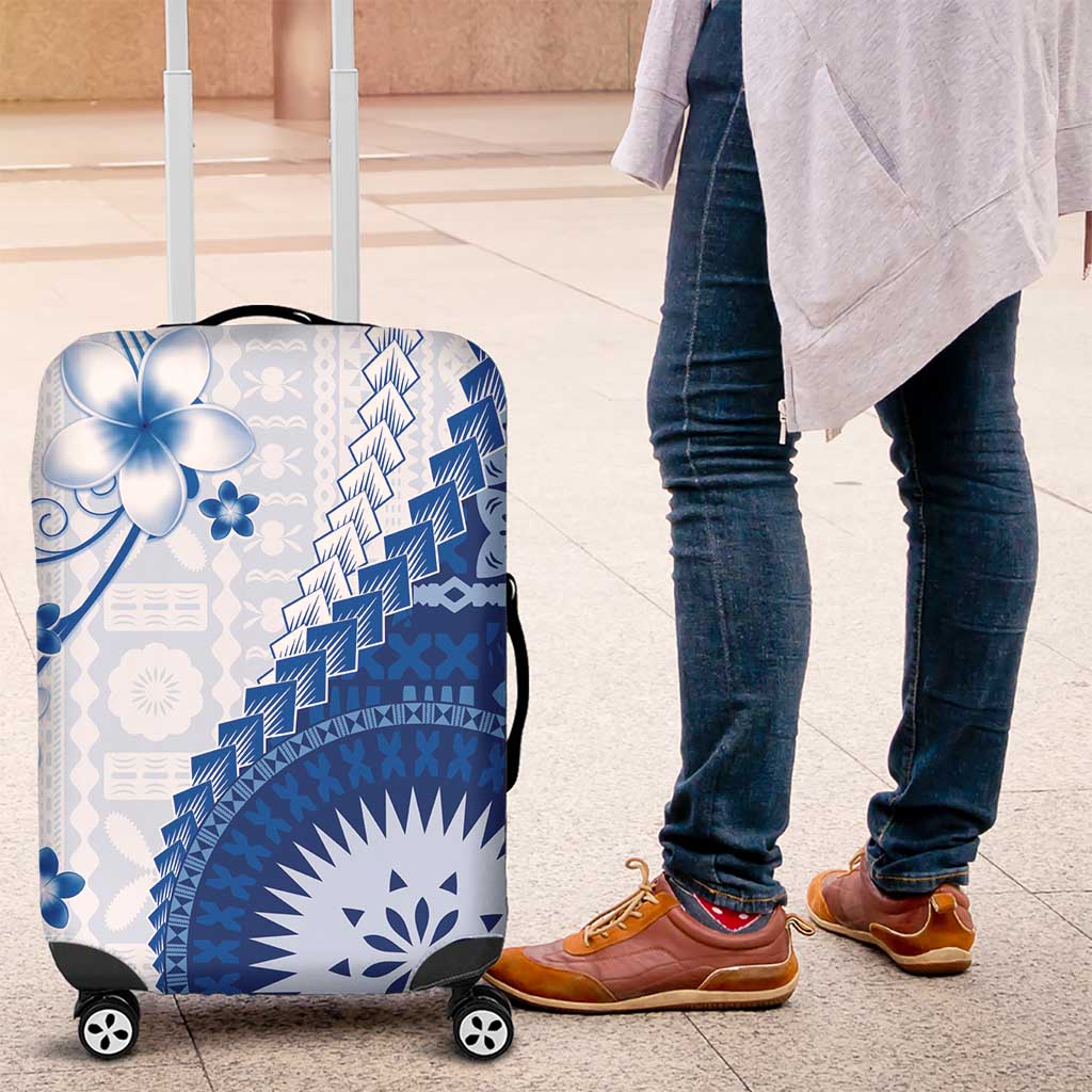 Bula Fiji Luggage Cover Blue Plumeria Masi Tapa Pattern - Polynesian Pride