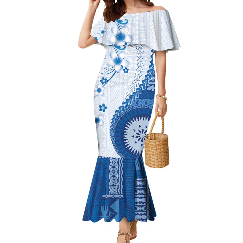 Bula Fiji Mermaid Dress Blue Plumeria Masi Tapa Pattern LT05 Women Blue - Polynesian Pride