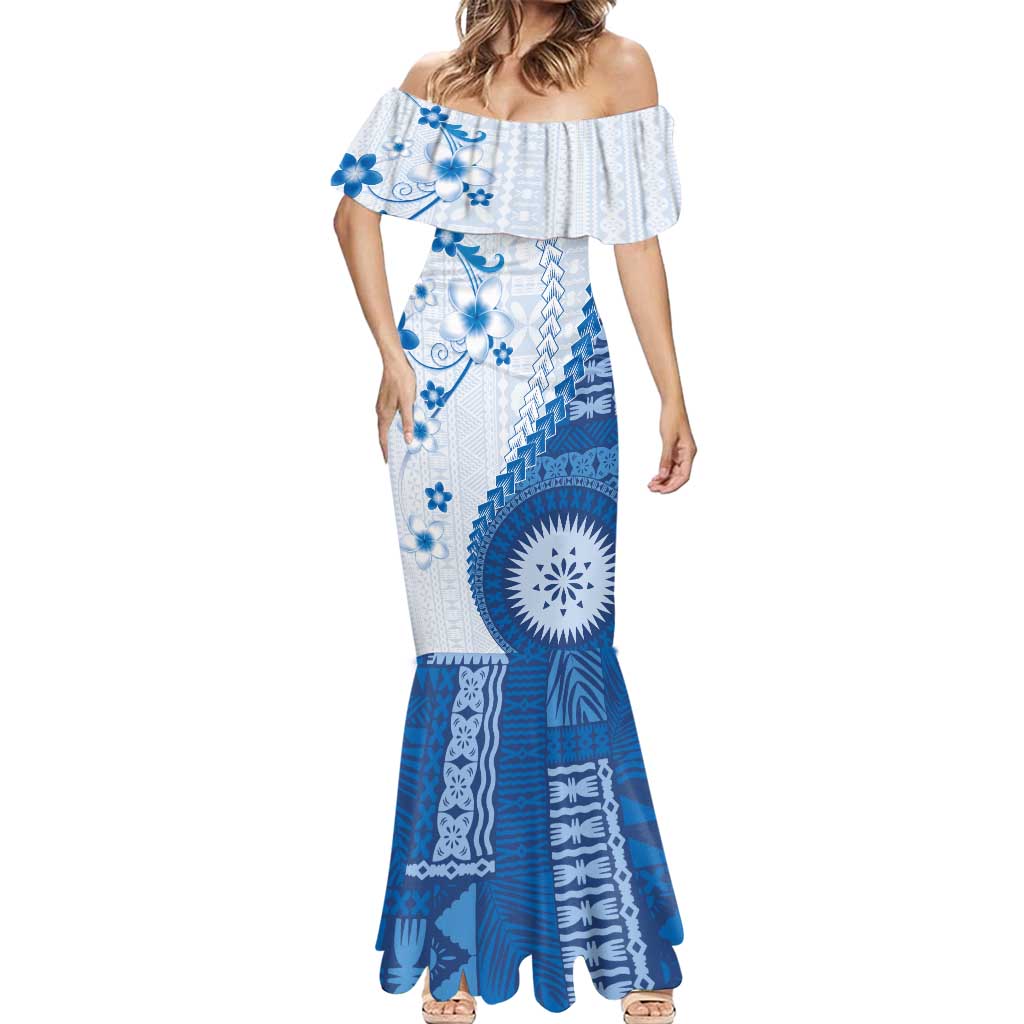 Bula Fiji Mermaid Dress Blue Plumeria Masi Tapa Pattern LT05 - Polynesian Pride