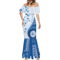 Bula Fiji Mermaid Dress Blue Plumeria Masi Tapa Pattern LT05 - Polynesian Pride