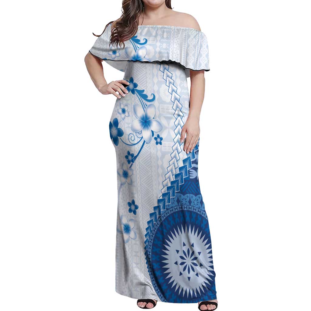 Bula Fiji Off Shoulder Maxi Dress Blue Plumeria Masi Tapa Pattern - Polynesian Pride