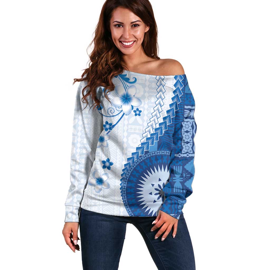 Bula Fiji Off Shoulder Sweater Blue Plumeria Masi Tapa Pattern - Polynesian Pride