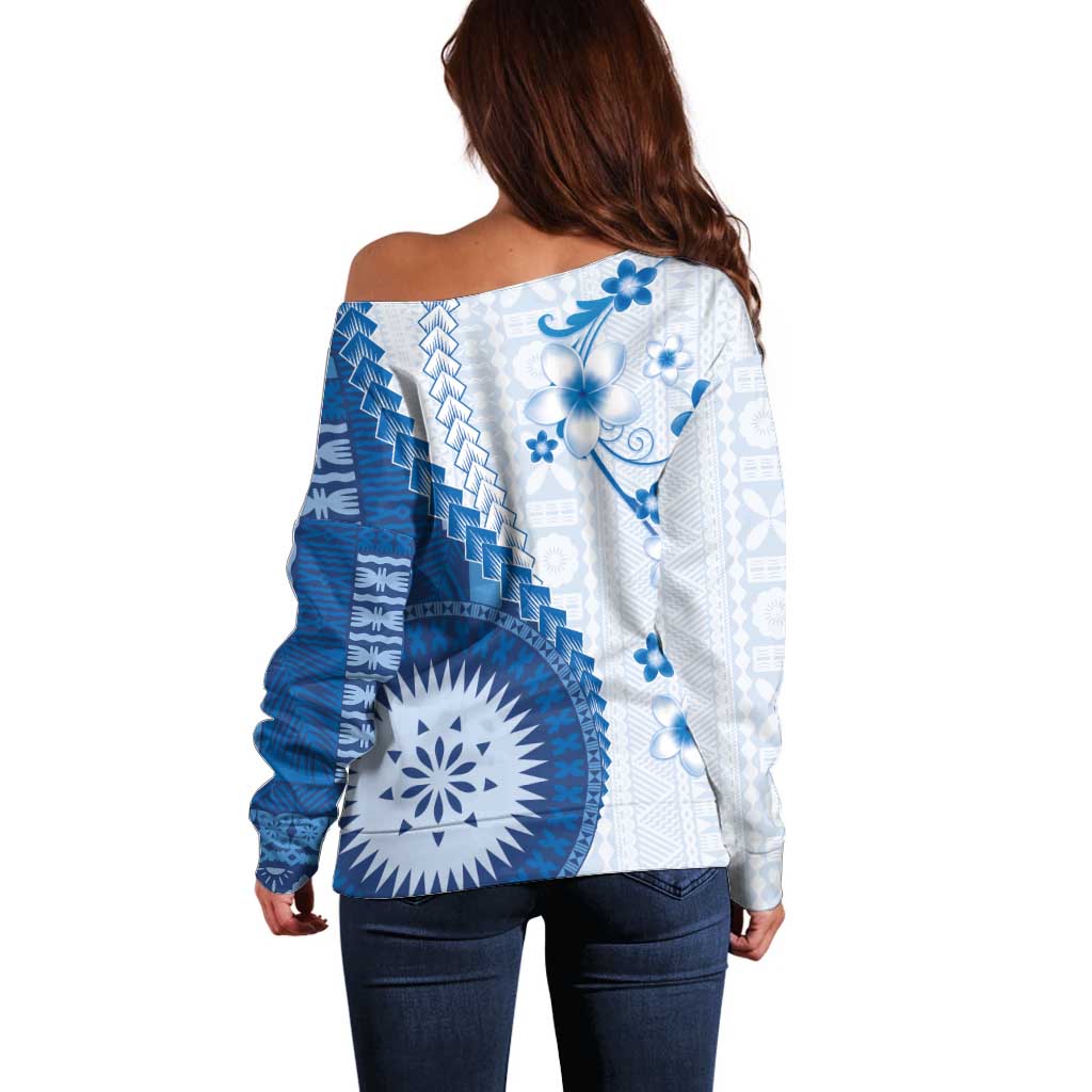Bula Fiji Off Shoulder Sweater Blue Plumeria Masi Tapa Pattern - Polynesian Pride