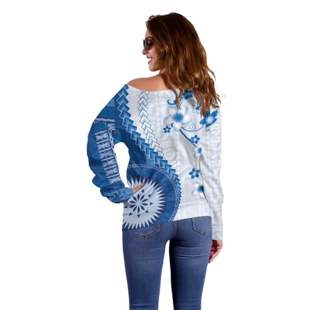 Bula Fiji Off Shoulder Sweater Blue Plumeria Masi Tapa Pattern - Polynesian Pride