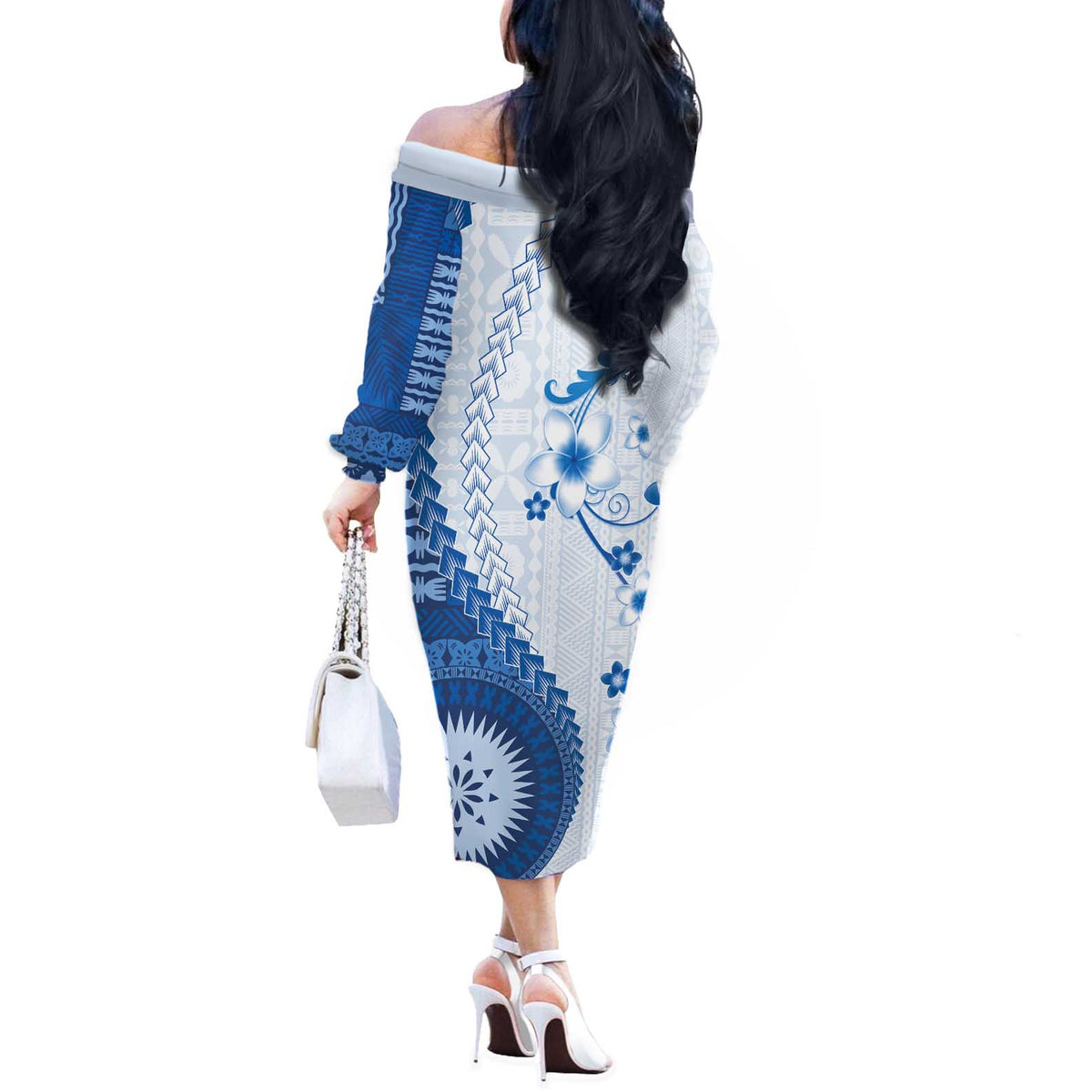 Bula Fiji Off The Shoulder Long Sleeve Dress Blue Plumeria Masi Tapa Pattern LT05 - Polynesian Pride
