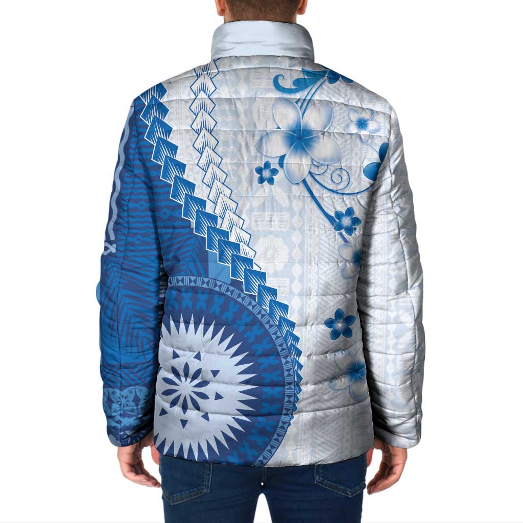 Bula Fiji Padded Jacket Blue Plumeria Masi Tapa Pattern - Polynesian Pride