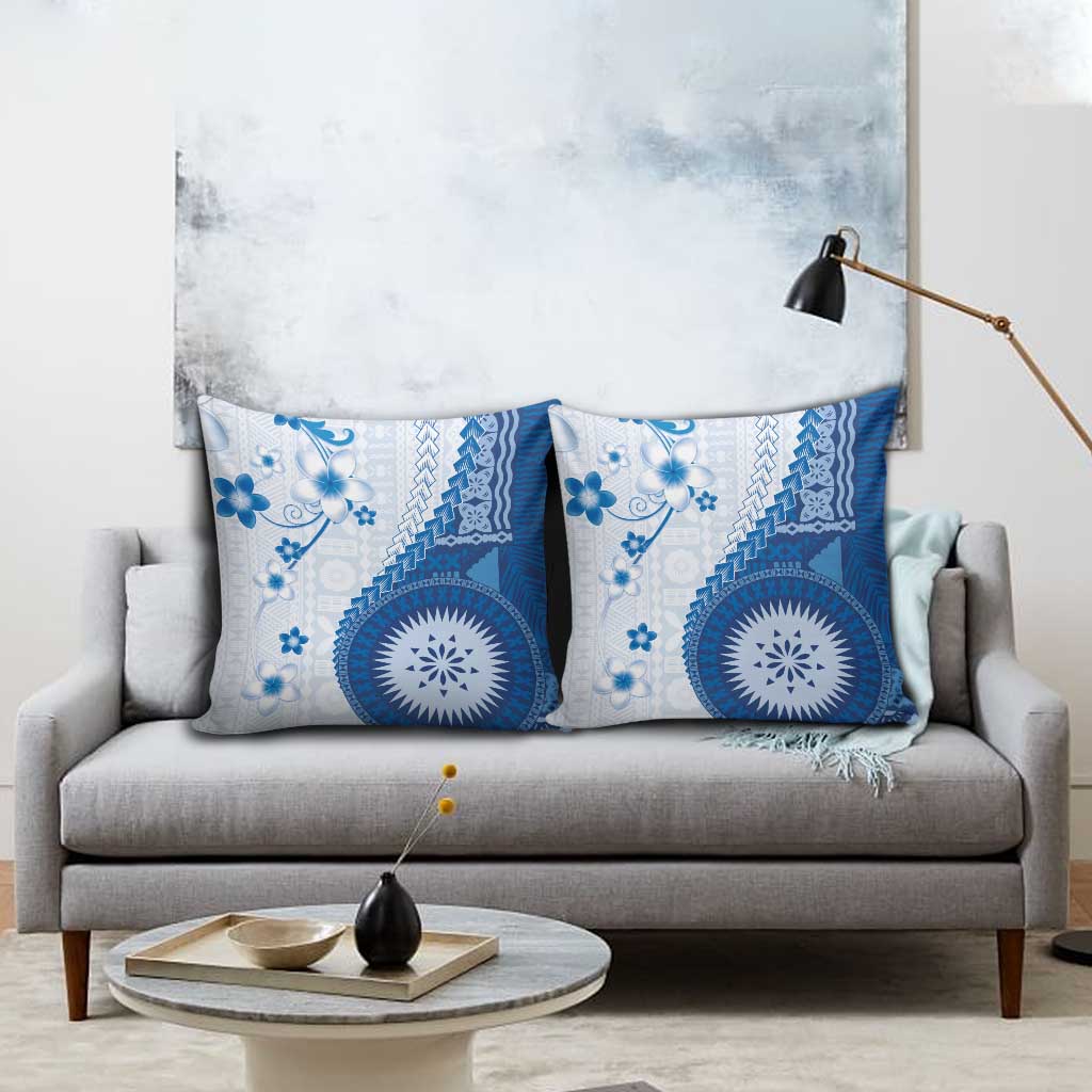 Bula Fiji Pillow Cover Blue Plumeria Masi Tapa Pattern - Polynesian Pride