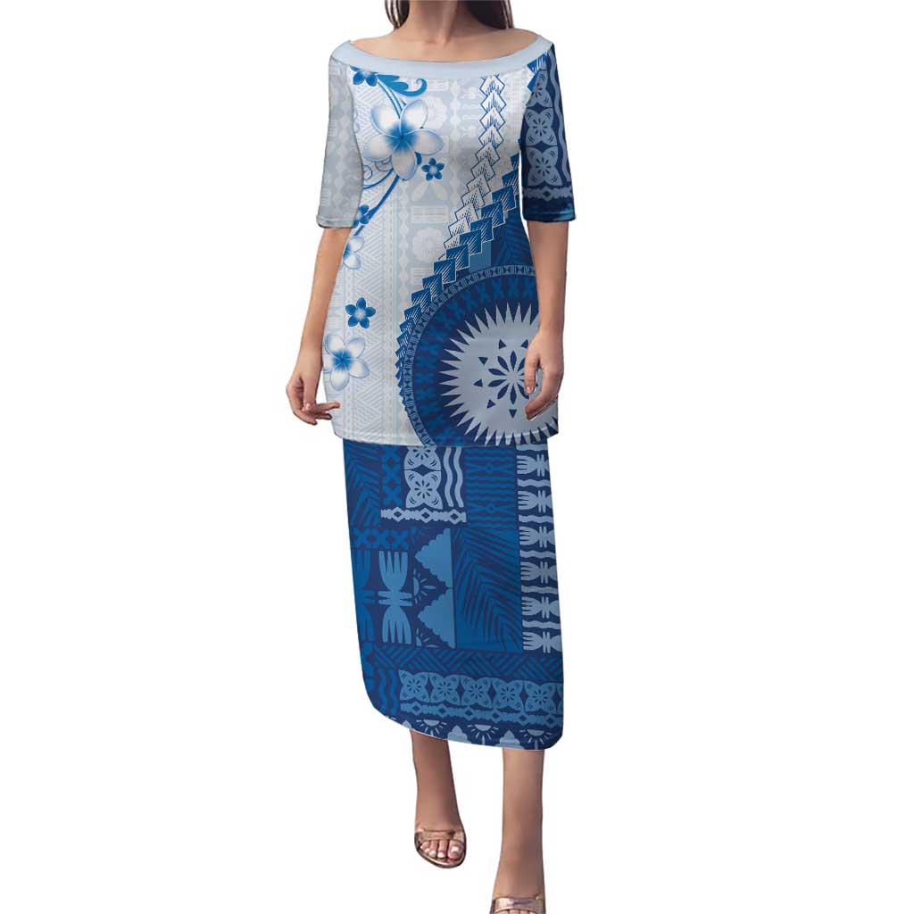 Bula Fiji Puletasi Blue Plumeria Masi Tapa Pattern LT05 Long Dress Blue - Polynesian Pride