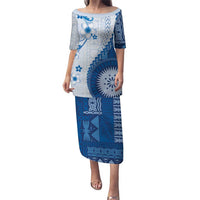 Bula Fiji Puletasi Blue Plumeria Masi Tapa Pattern LT05 Long Dress Blue - Polynesian Pride