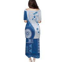 Bula Fiji Puletasi Blue Plumeria Masi Tapa Pattern LT05 - Polynesian Pride
