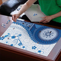 Bula Fiji Puzzle Blue Plumeria Masi Tapa Pattern - Polynesian Pride