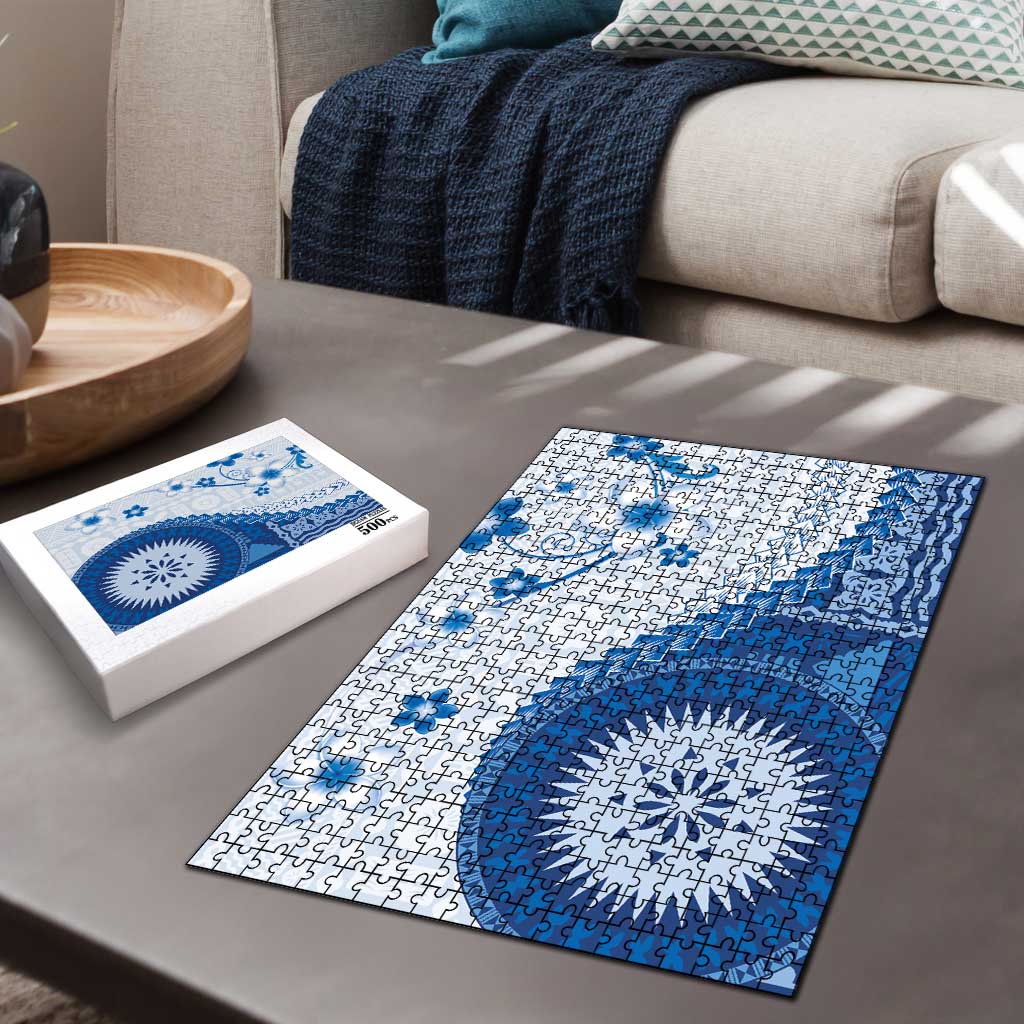 Bula Fiji Puzzle Blue Plumeria Masi Tapa Pattern - Polynesian Pride