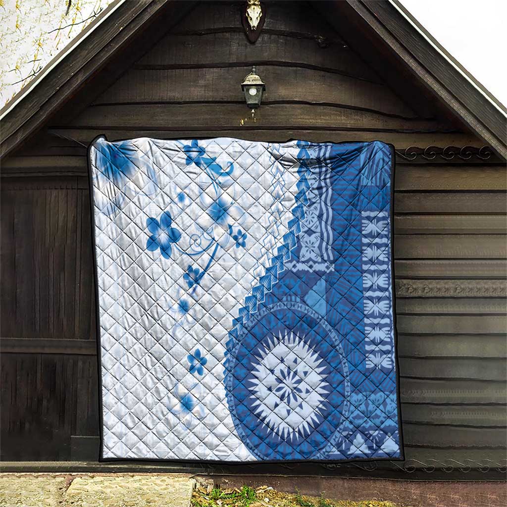 Bula Fiji Quilt Blue Plumeria Masi Tapa Pattern - Polynesian Pride