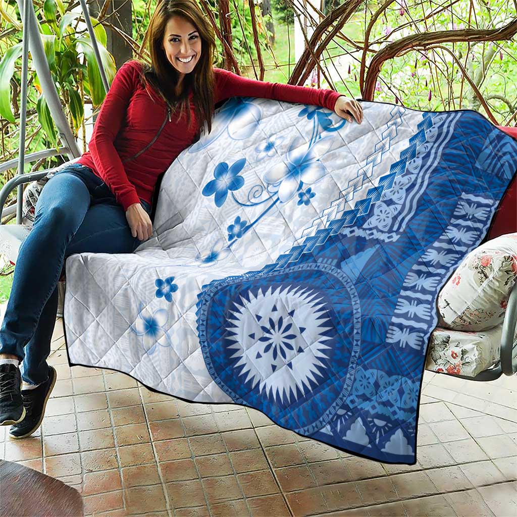 Bula Fiji Quilt Blue Plumeria Masi Tapa Pattern - Polynesian Pride