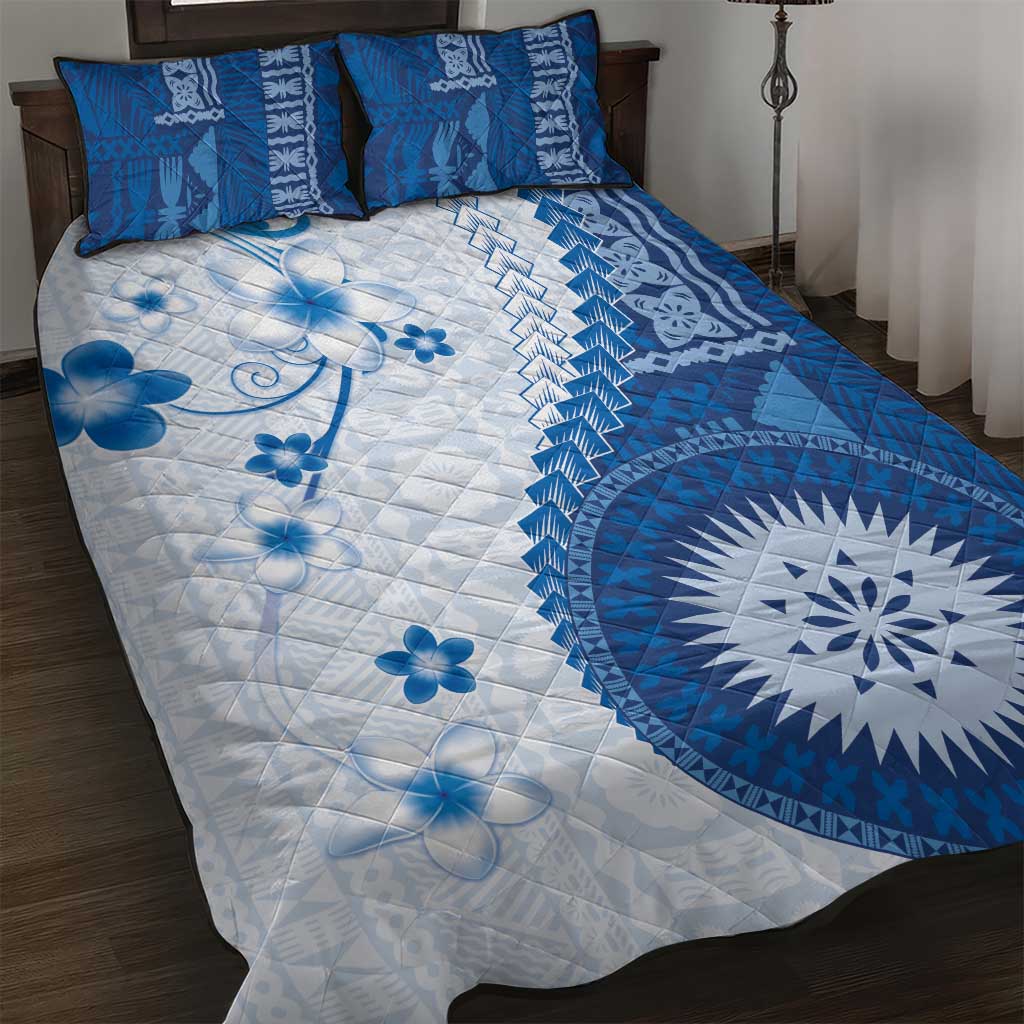Bula Fiji Quilt Bed Set Blue Plumeria Masi Tapa Pattern - Polynesian Pride