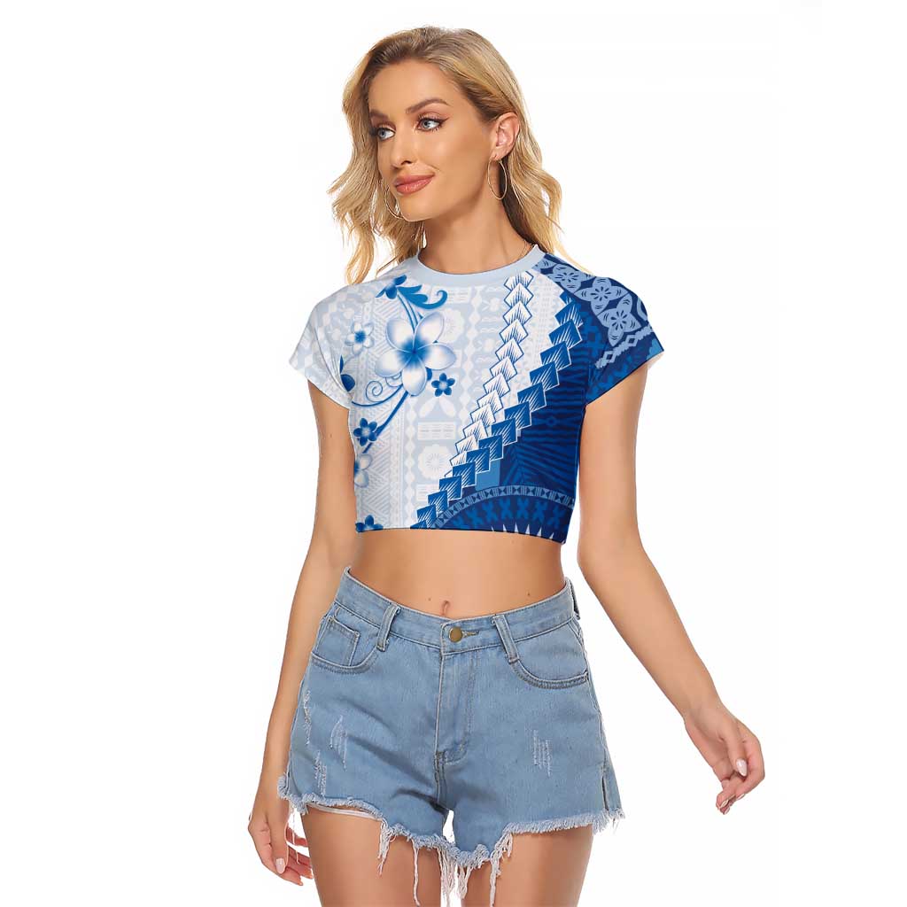 Bula Fiji Raglan Cropped T Shirt Blue Plumeria Masi Tapa Pattern LT05 Female Blue - Polynesian Pride