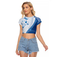 Bula Fiji Raglan Cropped T Shirt Blue Plumeria Masi Tapa Pattern LT05 Female Blue - Polynesian Pride