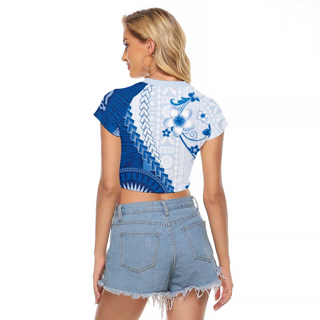 Bula Fiji Raglan Cropped T Shirt Blue Plumeria Masi Tapa Pattern LT05 - Polynesian Pride