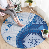 Bula Fiji Round Carpet Blue Plumeria Masi Tapa Pattern - Polynesian Pride