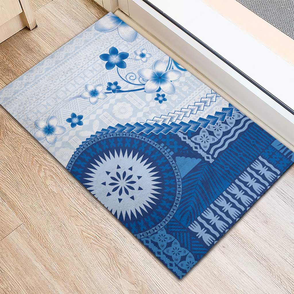 Bula Fiji Rubber Doormat Blue Plumeria Masi Tapa Pattern - Polynesian Pride