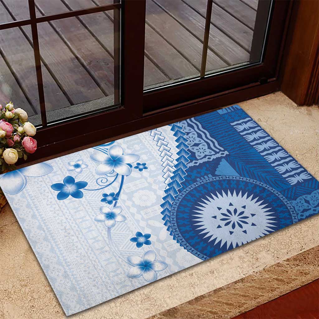 Bula Fiji Rubber Doormat Blue Plumeria Masi Tapa Pattern - Polynesian Pride