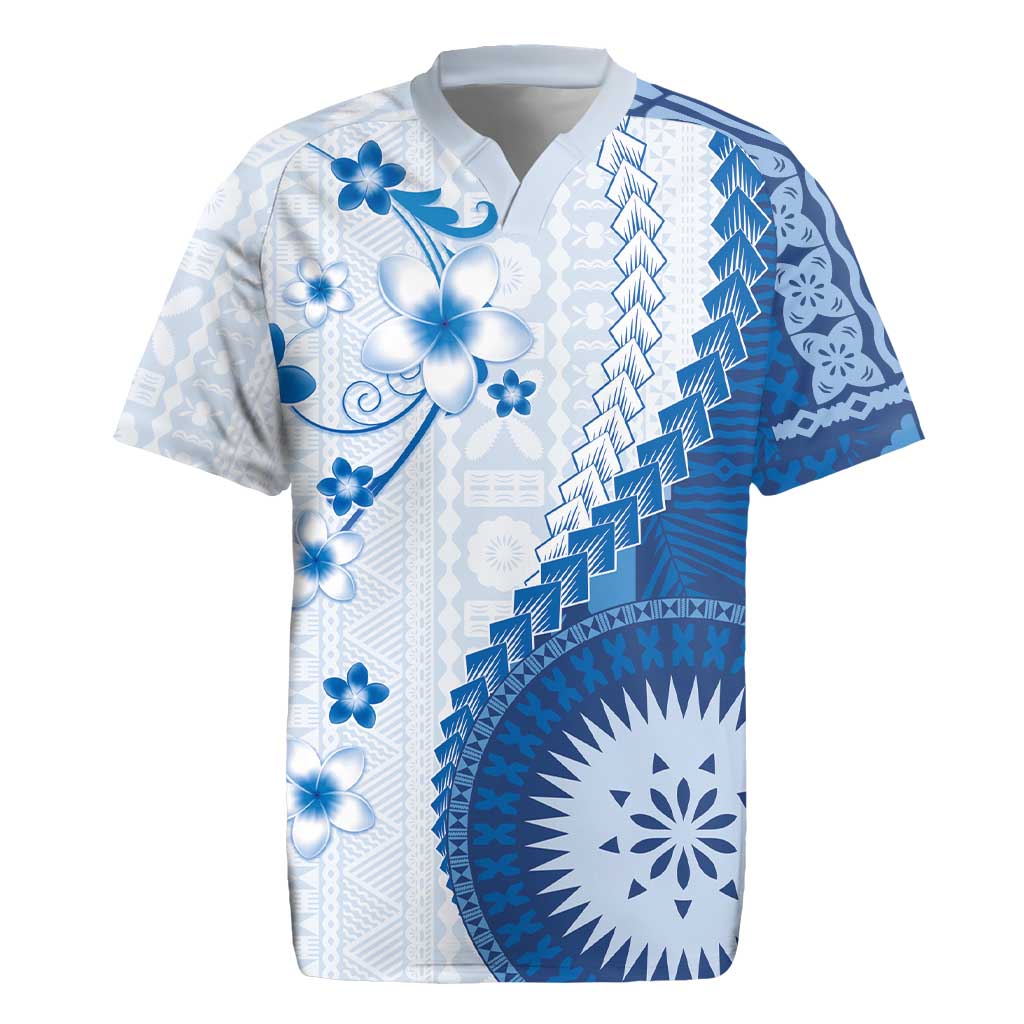 Bula Fiji Rugby Jersey Blue Plumeria Masi Tapa Pattern - Polynesian Pride
