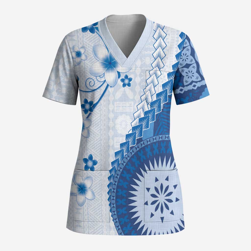 Bula Fiji Scrub Top Blue Plumeria Masi Tapa Pattern - Polynesian Pride