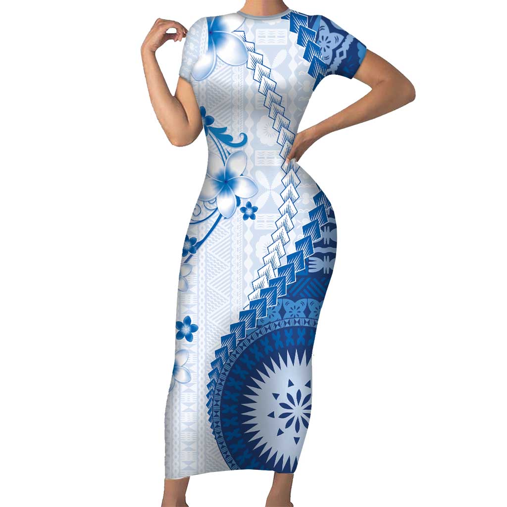 Bula Fiji Short Sleeve Bodycon Dress Blue Plumeria Masi Tapa Pattern LT05 Long Dress Blue - Polynesian Pride