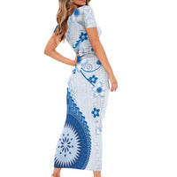 Bula Fiji Short Sleeve Bodycon Dress Blue Plumeria Masi Tapa Pattern LT05 - Polynesian Pride