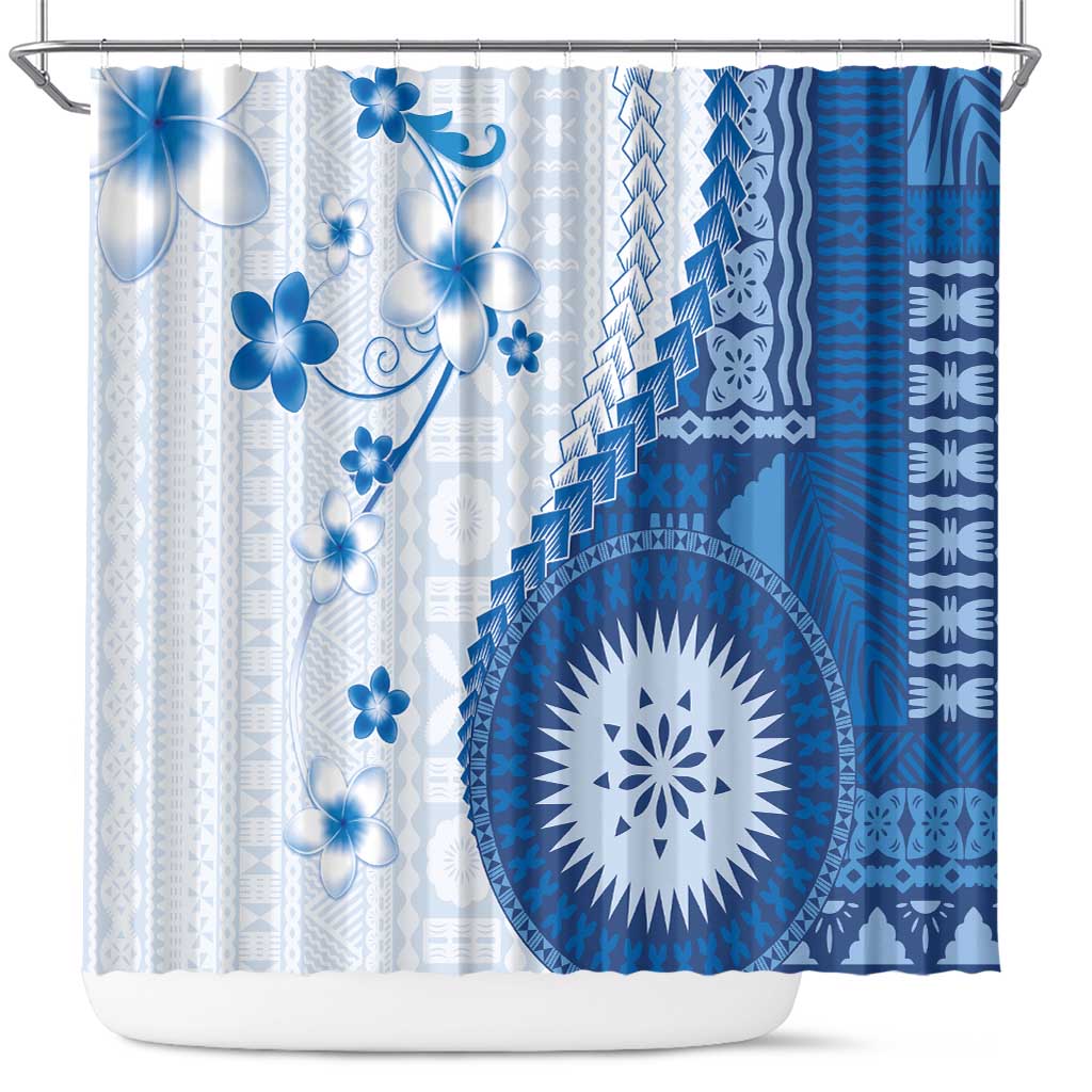 Bula Fiji Shower Curtain Blue Plumeria Masi Tapa Pattern - Polynesian Pride