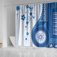 Bula Fiji Shower Curtain Blue Plumeria Masi Tapa Pattern - Polynesian Pride