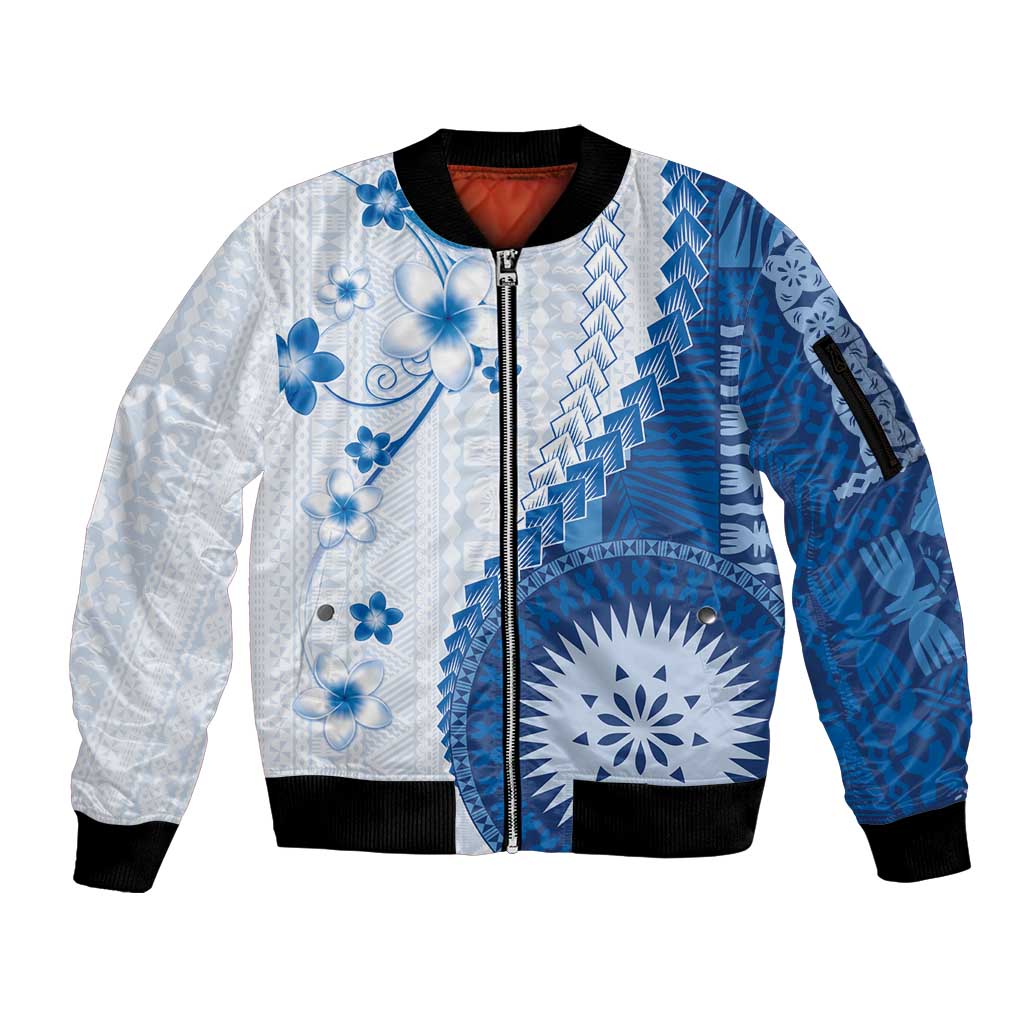Bula Fiji Sleeve Zip Bomber Jacket Blue Plumeria Masi Tapa Pattern - Polynesian Pride